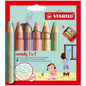   Színes ceruza készlet, kerek, vastag, STABILO "Woody 3 in 1 Pastel", 6 különböző pasztell ...