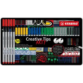   Tűfilc készlet, fém doboz, STABILO "Creative Tips ARTY", 6 különböző szín, 5 különböző vas...