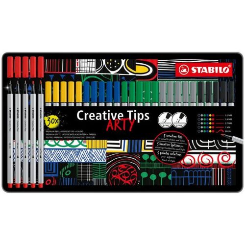 Tűfilc készlet, fém doboz, STABILO "Creative Tips ARTY", 6 különböző szín, 5 különböző vas...