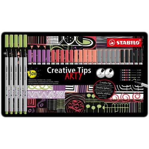 Tűfilc készlet, fém doboz, STABILO "Creative Tips ARTY", 6 különböző pasztell szín, 5 külö...