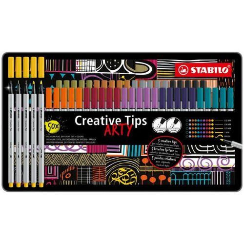 Tűfilc készlet, fém doboz, STABILO "Creative Tips ARTY", 10 különböző szín, 5 különböző va...