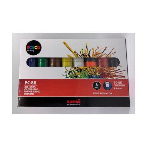 Dekormarker készlet, 8 mm, vágott, UNI "Posca PC-8K", 8 különböző szín