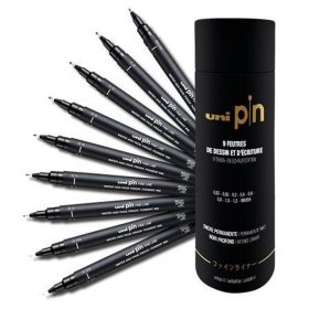   Rajzmarker készlet, UNI PIN "Tube", 9 különböző vonalvastagság, fekete