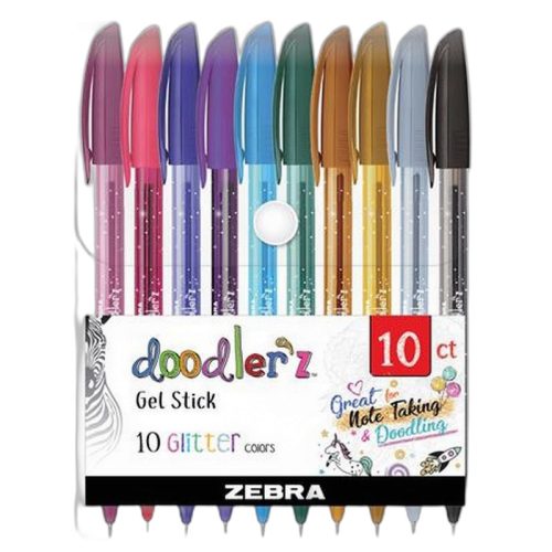 Zseléstoll készlet, 0,33 mm, kupakos, ZEBRA "Doodler'z Glitter", 10 csillogó vegyes szín