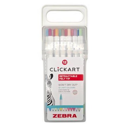 Filctoll készlet, nyomógombos, 0,6 mm, ZEBRA "Clickart" 12 különböző pasztell szín