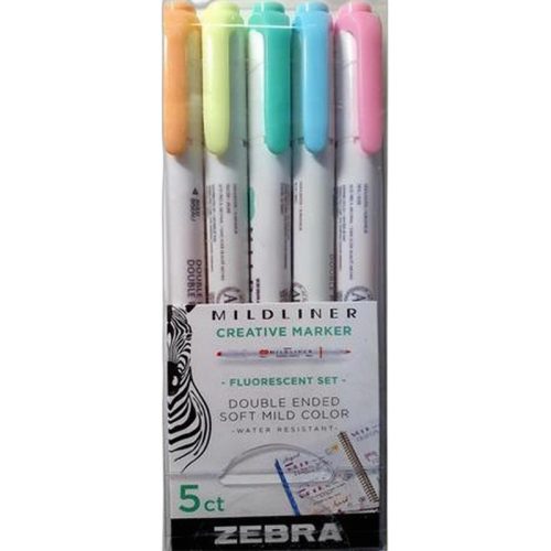 Szövegkiemelő készlet, 1,0/3,5 mm, kétvégű, ZEBRA "Mildliner Fluorescent", 5 szín