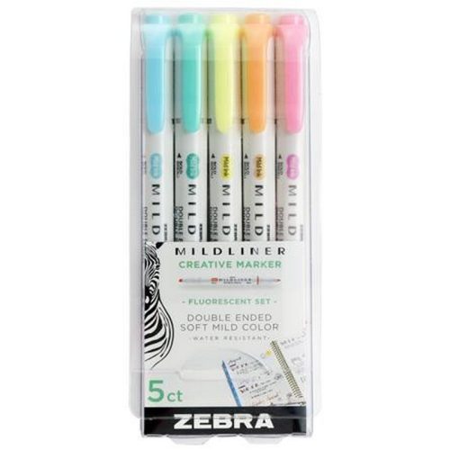 Szövegkiemelő készlet, 1,4/4,0 mm, kétvégű, ZEBRA "Mildliner Fluorescent", 5 szín