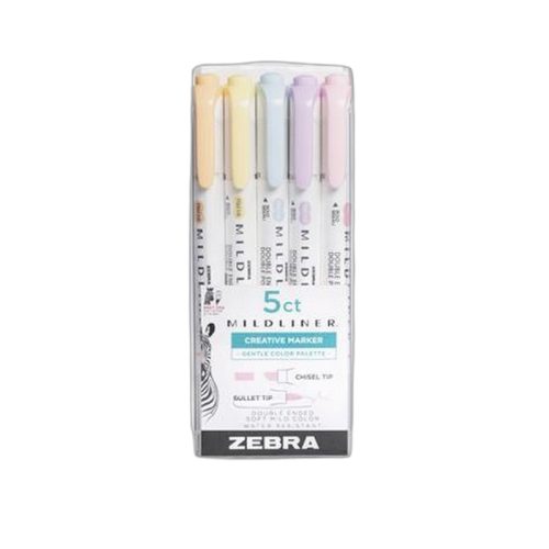 Szövegkiemelő készlet, 1,4/4 mm, kétvégű, ZEBRA "Mildliner Highlighter Gentle", 5 különböz...