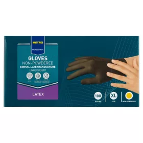   METRO PROFESSIONAL Latex, Egyszer használatos, Nem Púderezett, Fekete Kesztyű XL 100 db