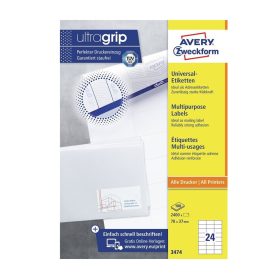   Etikett címke, 70 x37mm, univerzális, 24 címke/ív, 100 ív/doboz, Avery fehér