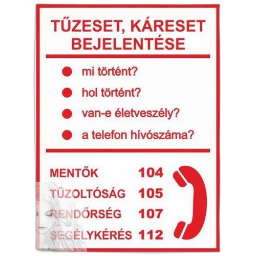 Tűzeset,káreset bejelentő 20x15 cm-es információs tábla.